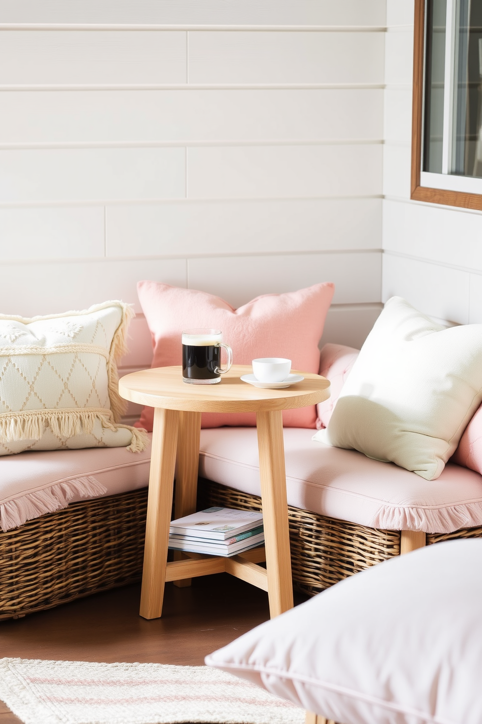 A cozy summer reading nook features a small side table crafted from light wood, perfect for holding drinks and snacks. Surrounding the table are plush cushions in soft pastel colors, creating an inviting atmosphere for leisurely afternoons.