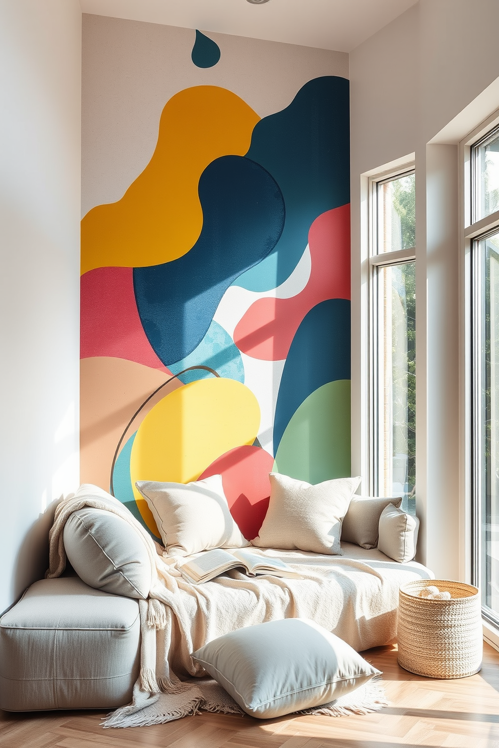 Artistic wall mural featuring vibrant colors and abstract shapes that create a dynamic focal point in the room. The mural is complemented by soft lighting and minimalistic furniture to enhance the overall aesthetic. A cozy summer reading nook adorned with plush cushions and a lightweight throw blanket. Large windows allow natural light to flood the space, creating an inviting atmosphere for leisurely reading.