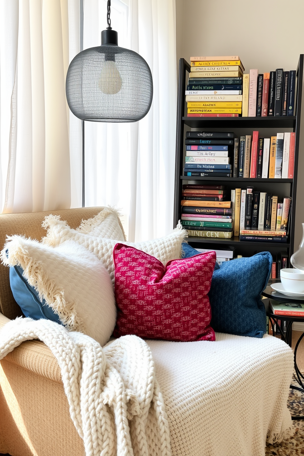 Layered textiles create a warm and inviting atmosphere in a summer reading nook. Plush cushions in various patterns and textures are arranged on a comfortable armchair, while a soft throw blanket drapes over the side. A stylish bookshelf filled with colorful novels stands against the wall, complemented by a small side table holding a steaming cup of tea. Natural light filters through sheer curtains, enhancing the cozy vibe of the space.