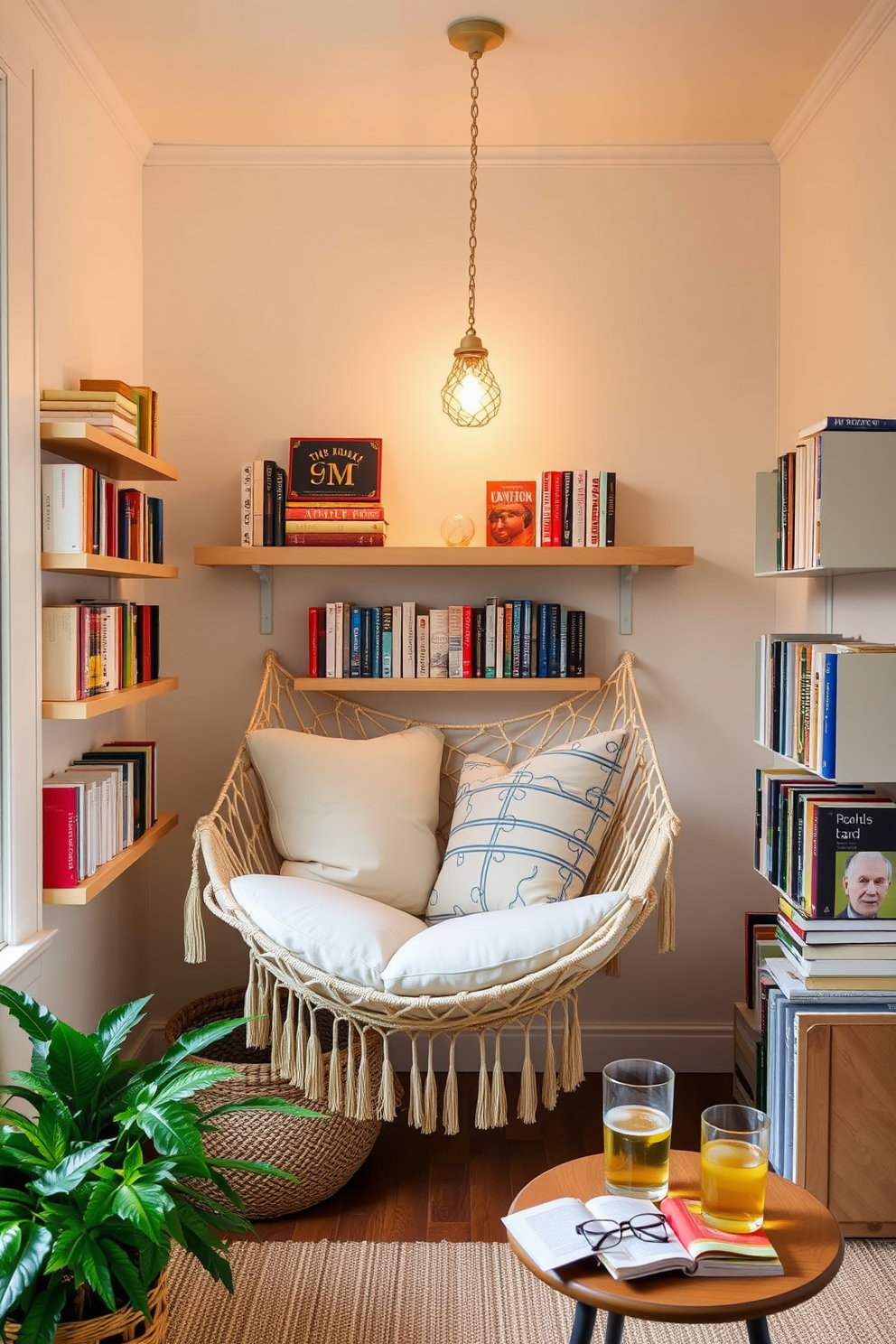 A cozy summer reading nook features a hammock chair suspended from the ceiling, inviting relaxation with its soft cushions. Surrounding the chair are shelves filled with books, and a small side table holds a refreshing drink and a pair of reading glasses.