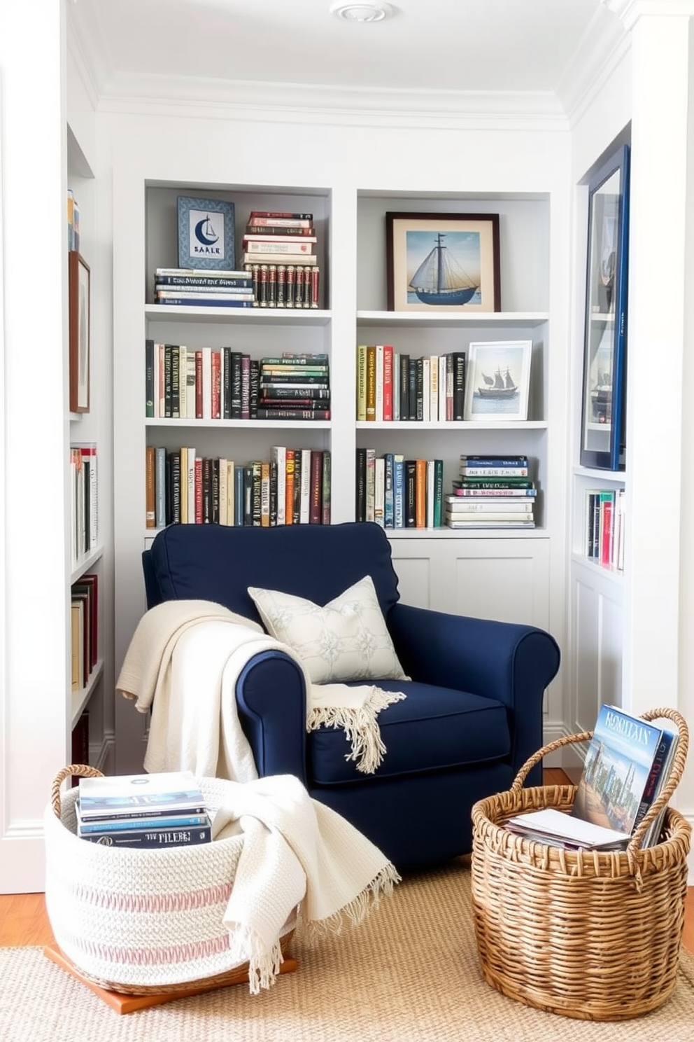 A cozy summer reading nook featuring a comfortable oversized armchair upholstered in navy blue fabric. Surrounding the nook are shelves filled with books, and a soft white throw blanket drapes over the armchair. The walls are painted in a crisp white, enhancing the bright and airy feel of the space. Nautical-themed decor, such as framed marine prints and a woven basket for magazines, adds a charming touch.