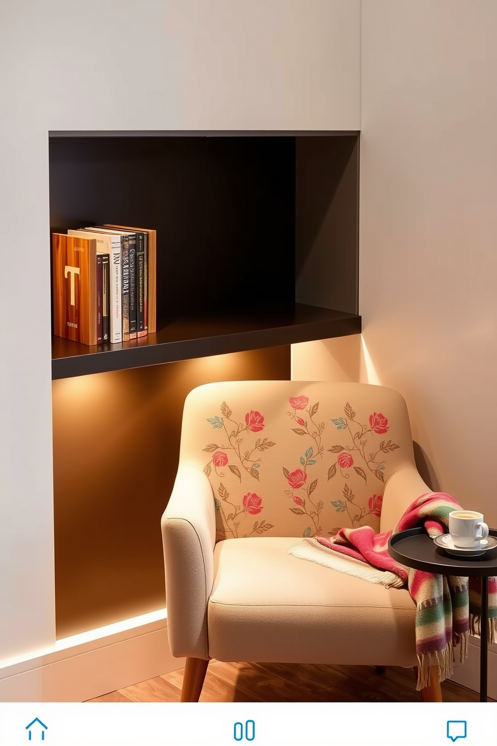 Personalized bookends crafted from reclaimed wood stand proudly on a sleek shelf, showcasing a collection of favorite novels. A cozy armchair upholstered in soft fabric is nestled in the corner, accompanied by a small side table holding a steaming cup of tea. The nook is illuminated by warm, ambient lighting, creating a welcoming atmosphere for reading. A colorful throw blanket drapes over the armchair, adding a touch of comfort and style to the space.