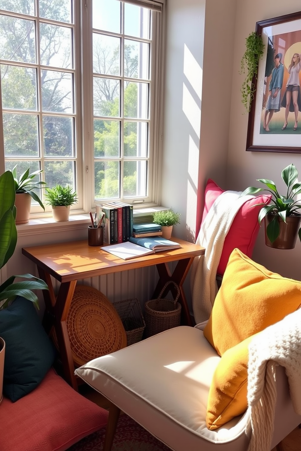 A cozy summer reading nook features a small wooden desk positioned by a large window, allowing natural light to flood the space. The desk is adorned with a few neatly stacked books and a stylish pen holder, creating an inviting atmosphere for writing notes. Surrounding the nook are plush cushions in vibrant colors, paired with a soft throw blanket draped over the arm of a comfortable chair. Potted plants and framed artwork on the walls add a personal touch, making it the perfect retreat for relaxation and creativity.