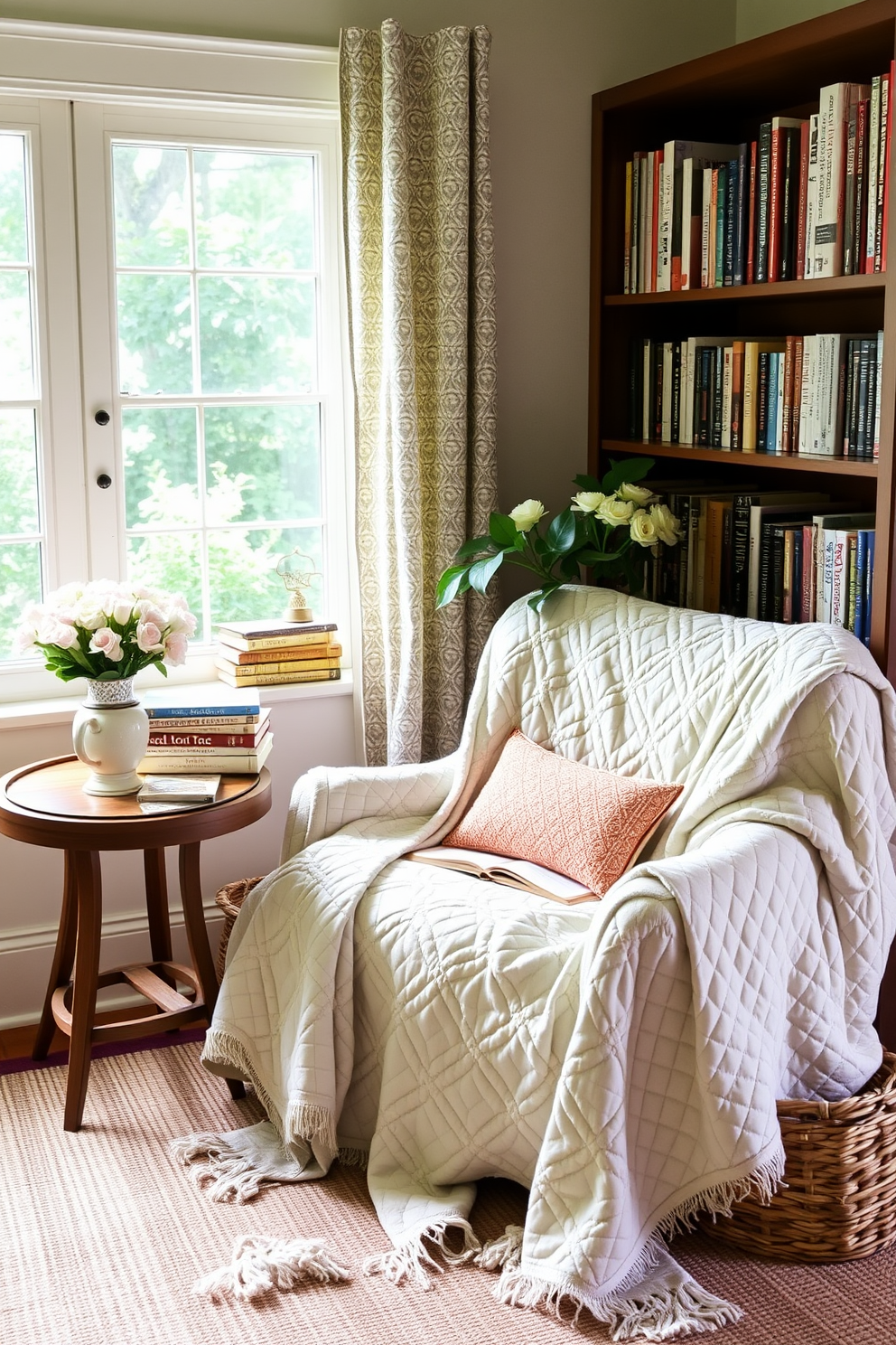 A cozy summer reading nook adorned with soft quilted throw blankets for added comfort. The nook features a comfortable armchair positioned by a window, surrounded by shelves filled with an array of books and a small side table for a cup of tea.