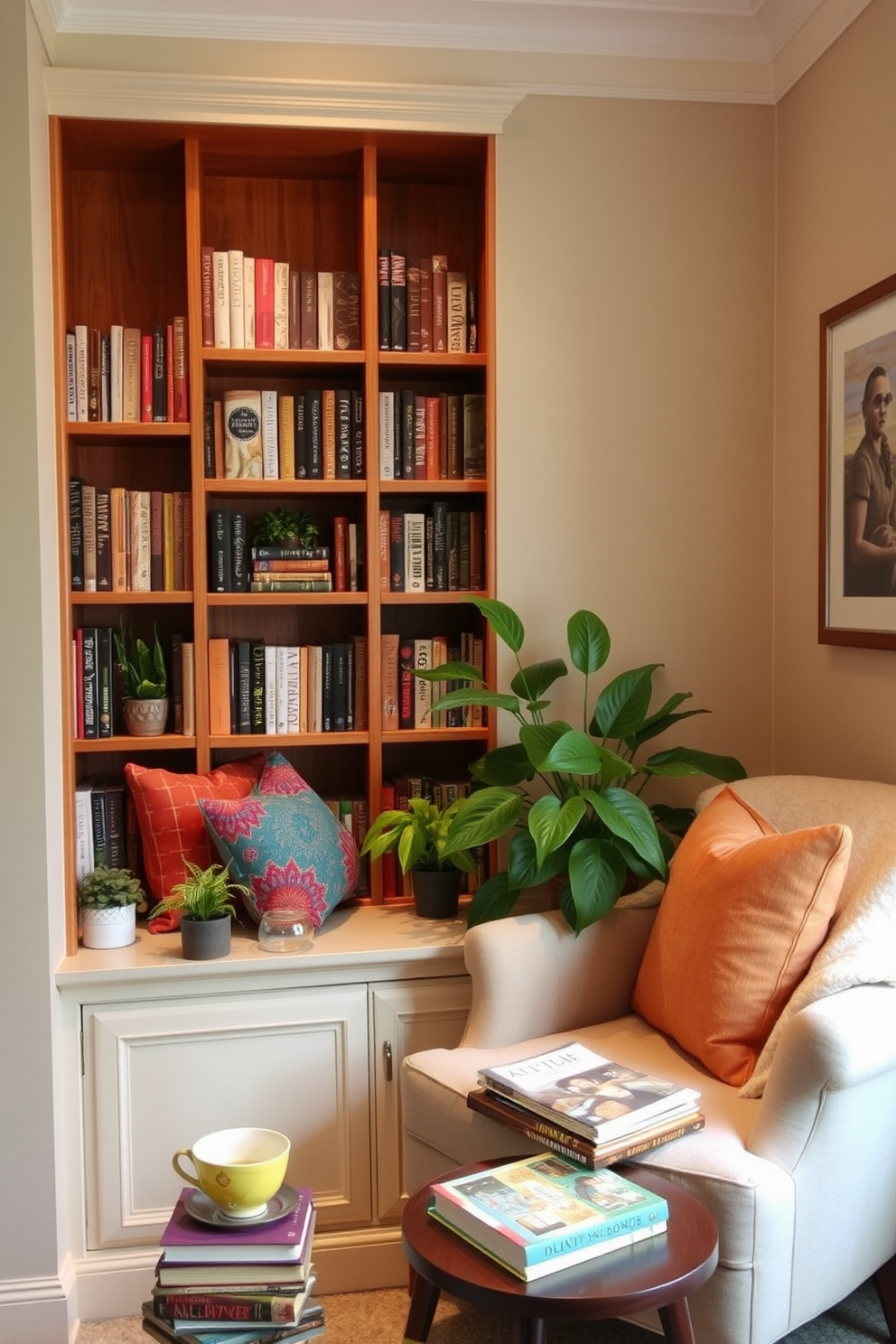 Cozy nook with a built-in bookshelf featuring warm wood tones and soft lighting. A plush armchair is positioned next to the bookshelf, adorned with colorful throw pillows and a soft blanket for comfortable reading. The nook is decorated with potted plants and framed artwork to create a welcoming atmosphere. A small side table holds a steaming cup of tea and a stack of favorite novels, inviting relaxation and leisure.