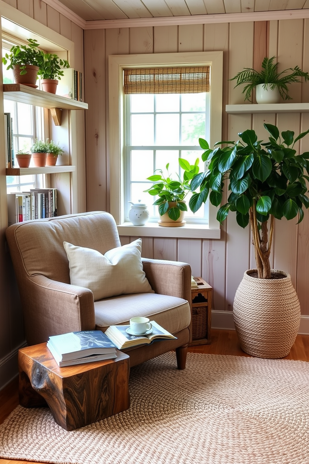 A cozy summer reading nook with natural wood accents creates a rustic and inviting atmosphere. A plush armchair upholstered in soft fabric is positioned near a window, surrounded by shelves filled with books and potted plants. The walls are adorned with light wooden paneling, and a woven rug adds warmth to the space. A small side table made of reclaimed wood holds a steaming cup of tea and a stack of favorite novels.