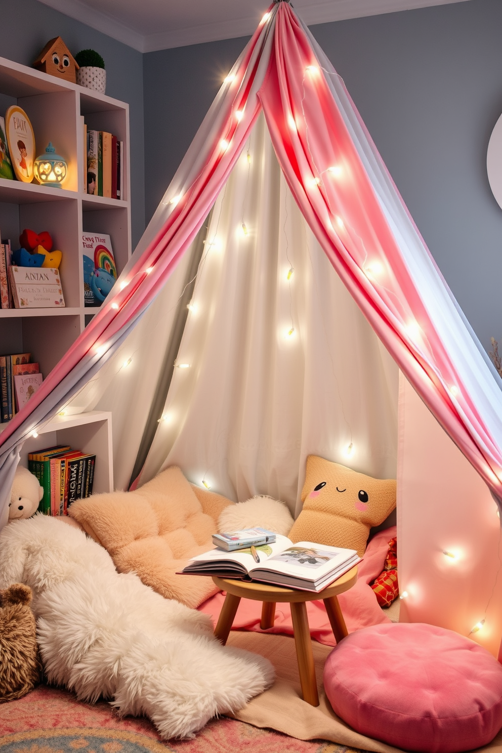 A cozy reading tent designed for a playful escape. The tent is made of soft, colorful fabric and is filled with plush cushions and fairy lights to create a magical atmosphere. Surrounding the tent, there are shelves filled with children's books and whimsical decor. A small table holds a stack of favorite stories and a few art supplies for creative activities.