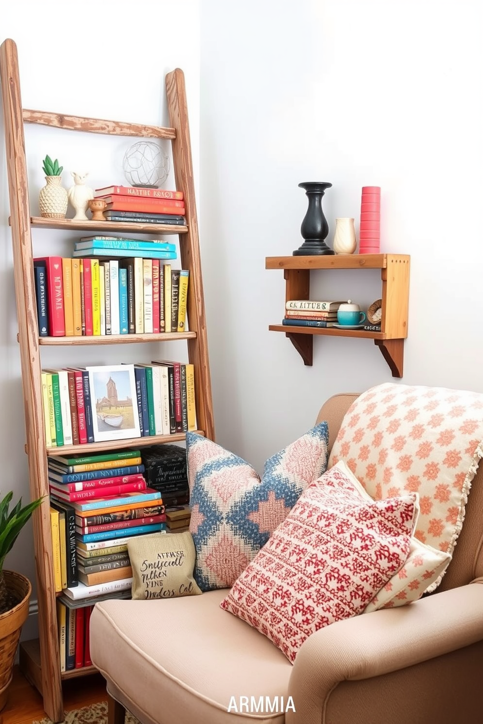 A cozy summer reading nook features a vintage wooden ladder leaning against a wall, adorned with a collection of colorful books and decorative items. Soft, plush cushions in various patterns are scattered on a comfortable armchair, inviting relaxation and enjoyment of a good book.