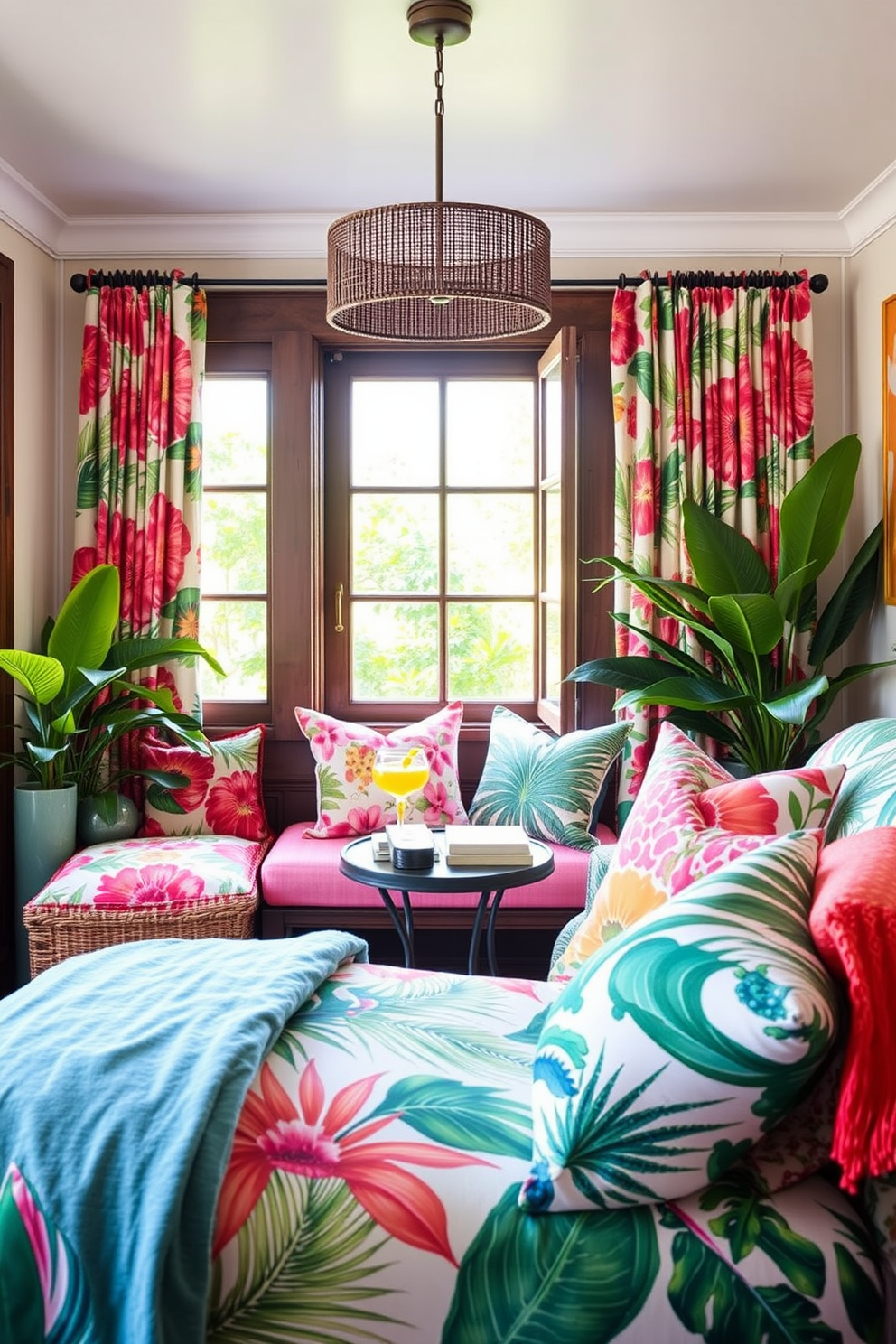 Bright tropical prints on soft textiles create a lively and inviting atmosphere in a summer reading nook. Layer cushions and throws in vibrant colors and patterns to enhance comfort and style. Incorporate a cozy armchair or chaise lounge adorned with botanical prints for a perfect reading spot. Add a small side table to hold your favorite summer reads and a refreshing beverage.