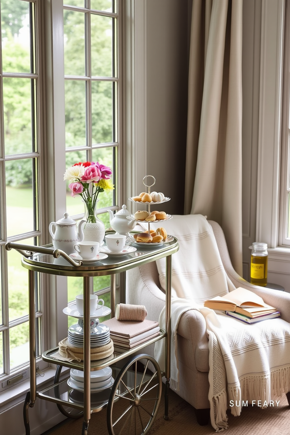 A charming tea cart is elegantly arranged with an assortment of fine china teacups and a delicate teapot. Fresh flowers in a small vase add a pop of color, while a selection of pastries and finger sandwiches are artfully displayed on a tiered stand. The summer reading nook features a cozy armchair draped with a soft throw blanket beside a large window. A small side table holds a stack of favorite books and a refreshing beverage, creating the perfect spot for relaxation and enjoyment.