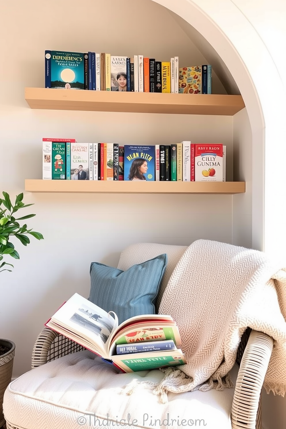 A cozy summer reading nook features floating shelves filled with an array of colorful books for easy access. Plush cushions and a soft throw blanket are arranged on a comfortable chair, inviting relaxation and enjoyment of the sunny afternoon.