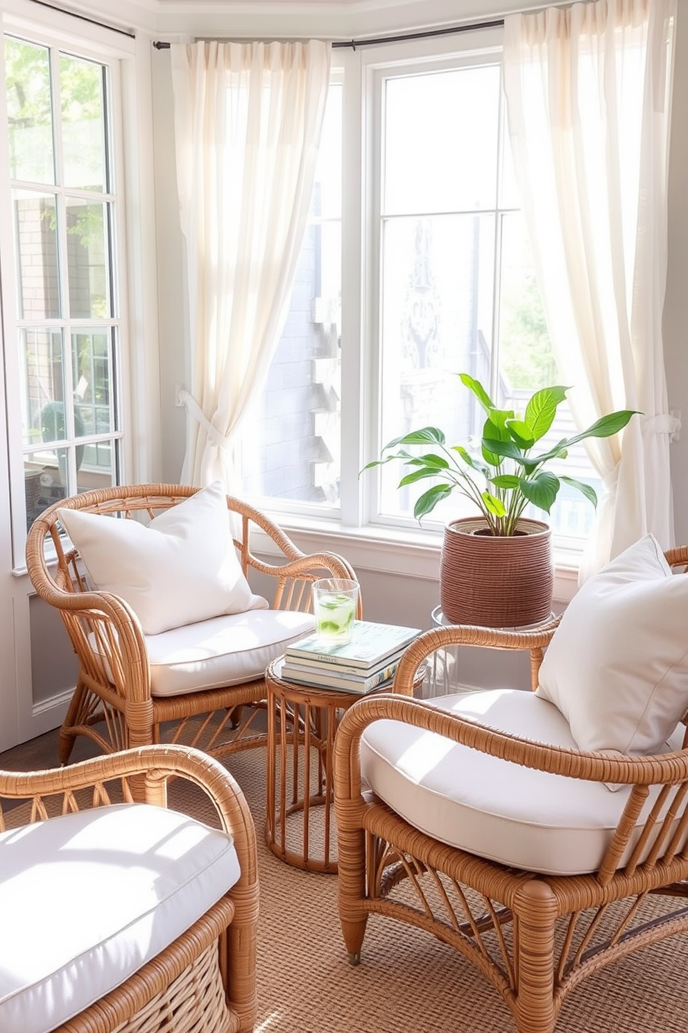 A cozy summer reading nook featuring rattan furniture that enhances the breezy atmosphere. Soft cushions in light, airy fabrics are placed on the rattan chairs, creating an inviting space for relaxation. Natural light floods the nook through large windows adorned with sheer curtains. A small side table holds a stack of books and a refreshing drink, completing the tranquil setting.