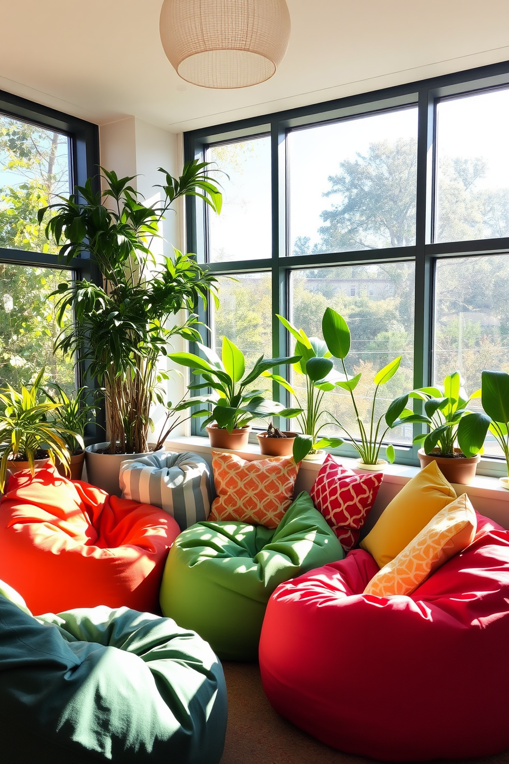 A vibrant summer reading nook filled with colorful bean bags inviting playful comfort. Sunlight streams in through large windows, illuminating a cozy corner adorned with lush plants and cheerful cushions.