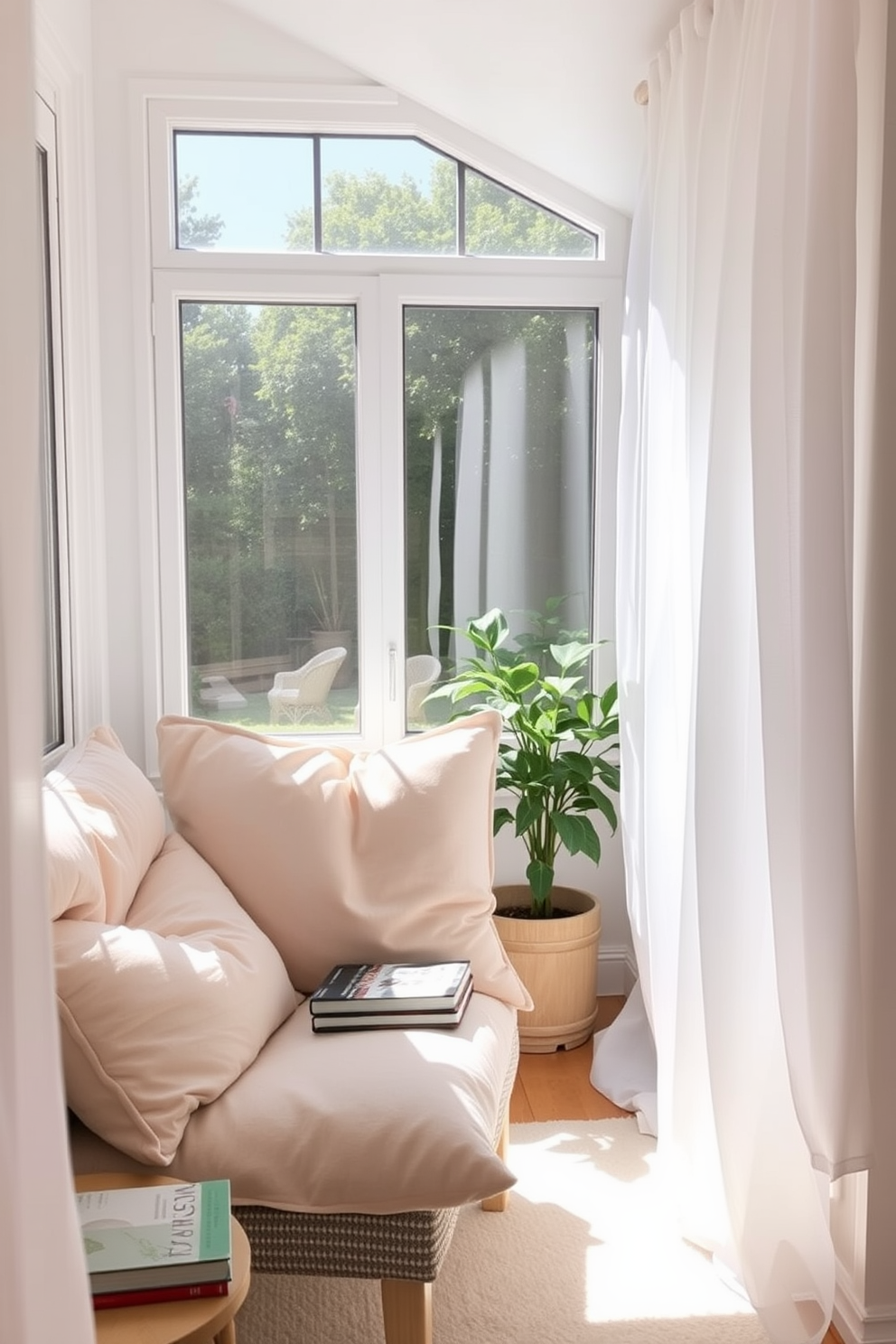 A sunlit corner filled with natural light creates a cozy summer reading nook. Plush cushions in soft pastel colors are arranged on a comfortable chair, inviting relaxation with a small side table holding a stack of favorite books. Sheer white curtains flutter gently in the warm breeze, adding a light and airy feel to the space. A potted plant sits nearby, bringing a touch of greenery and life to the inviting reading area.