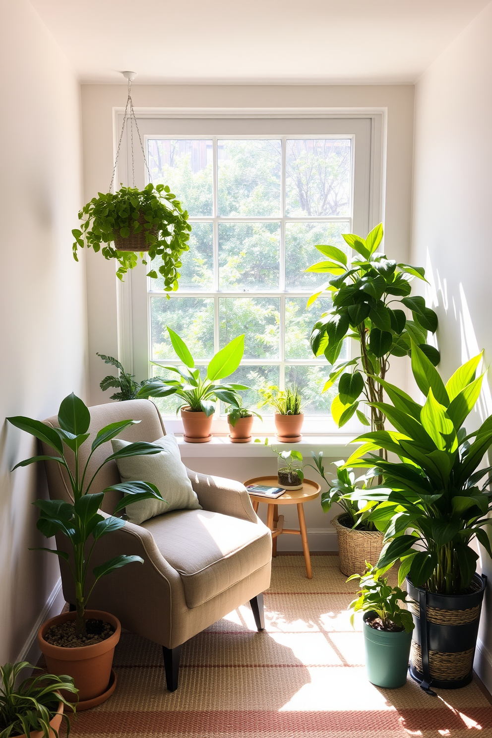 A cozy summer reading nook is nestled by a large window, allowing natural light to flood the space. A plush armchair in a soft fabric is paired with a small side table, creating an inviting spot for relaxation. Potted plants in various sizes are strategically placed around the nook, adding a refreshing touch of greenery. The vibrant leaves complement the warm tones of the decor, enhancing the overall ambiance of the space.