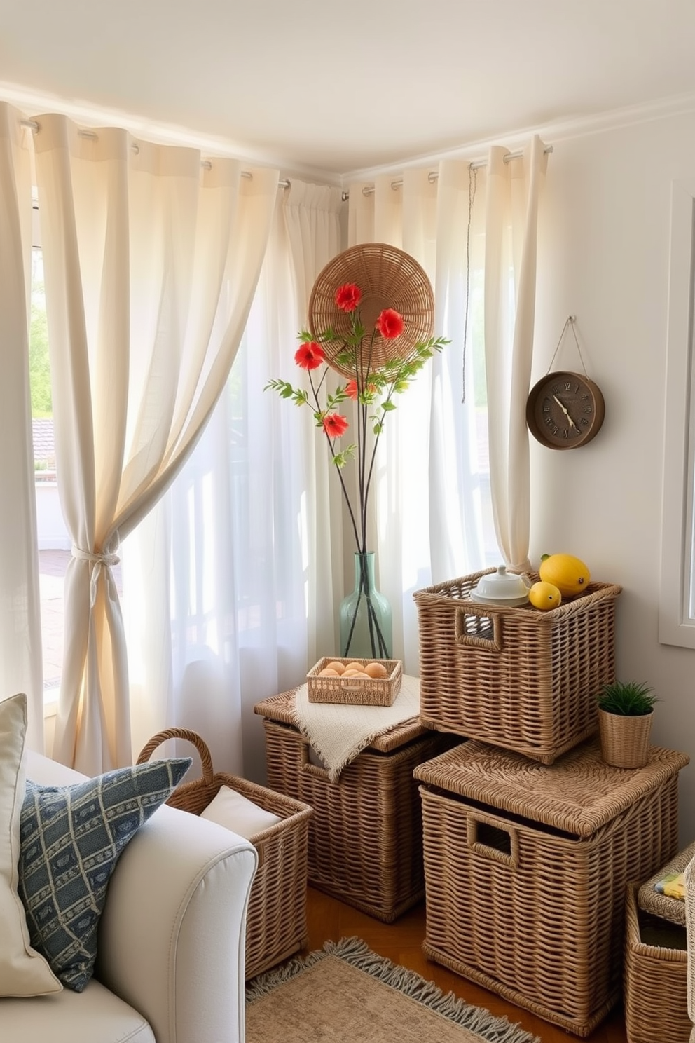 A cozy living area featuring wicker baskets for stylish storage. The space is adorned with light, airy textiles and vibrant summer decor elements that enhance the small area. Natural light floods the room through sheer curtains, creating a warm and inviting atmosphere. The wicker baskets are artfully arranged, blending functionality with aesthetic appeal.