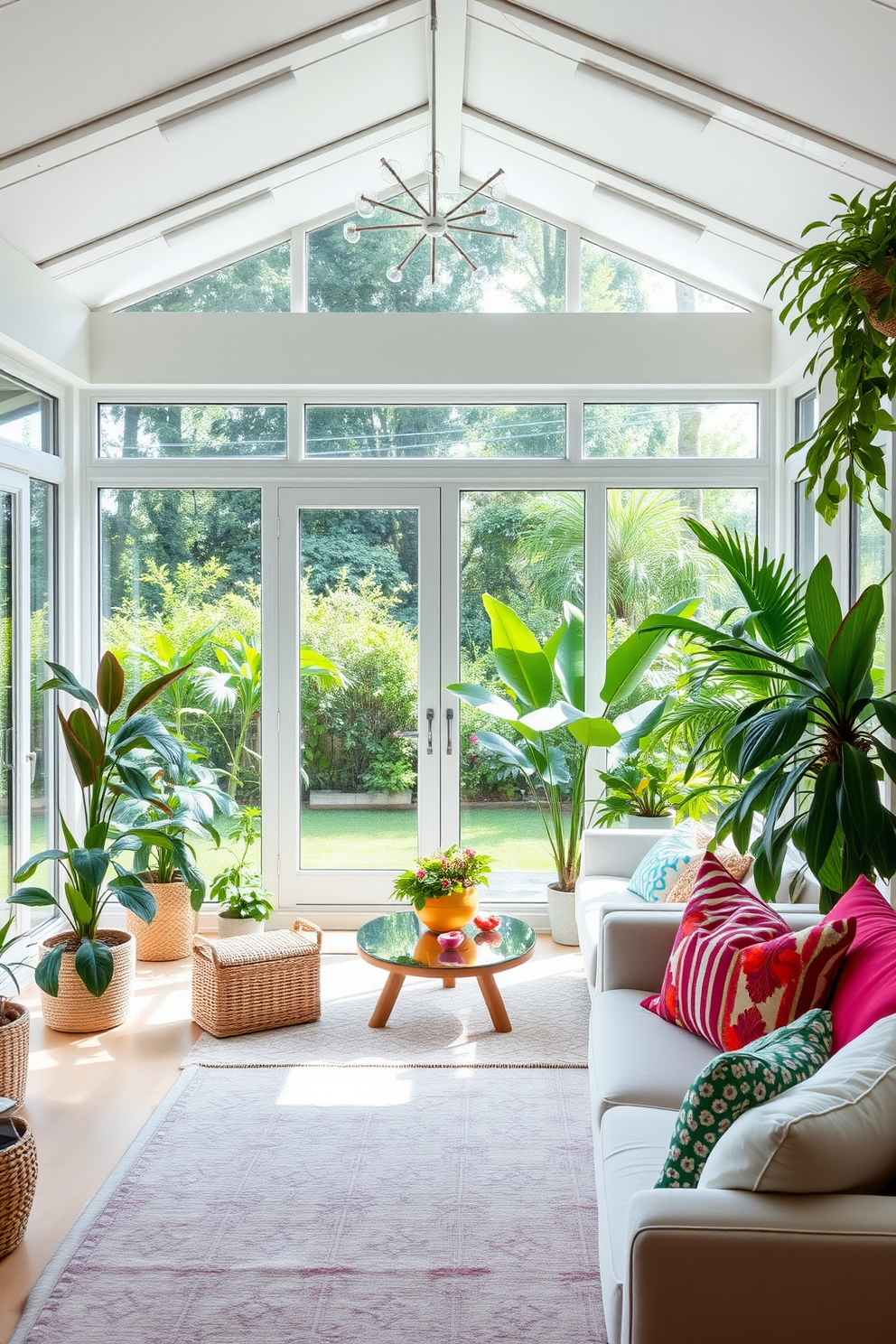 A bright and airy living room featuring large windows that open to a lush garden. Indoor plants are strategically placed throughout the space, creating a seamless connection between the outdoors and the interior. The furniture consists of light-colored, natural materials that evoke a sense of summer. Soft textiles in vibrant hues complement the greenery, enhancing the cozy atmosphere of the small space.