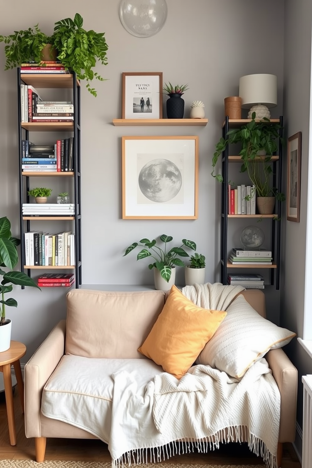 A cozy living area featuring vertical shelving that maximizes floor space while adding a stylish touch. The shelves are filled with a mix of books, plants, and decorative items, creating an inviting and personalized atmosphere. Incorporate light colors and airy fabrics to enhance the summer vibe in a small space. Soft throw pillows and a lightweight blanket drape over a compact sofa, inviting relaxation and comfort.