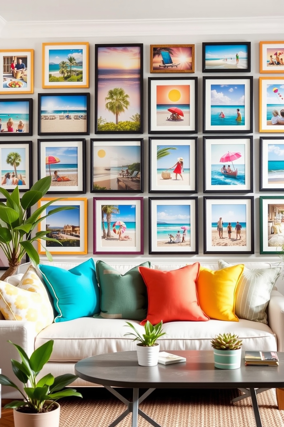 Create a gallery wall featuring an array of vibrant summer photos showcasing beach scenes, sunny landscapes, and outdoor activities. The wall is adorned with a mix of frame styles and colors to enhance the cheerful and relaxed atmosphere of the space. In a cozy small living area, use light and airy furniture to maximize space while incorporating bright accents. Add decorative elements like potted plants and colorful throw pillows to create an inviting and cheerful environment.