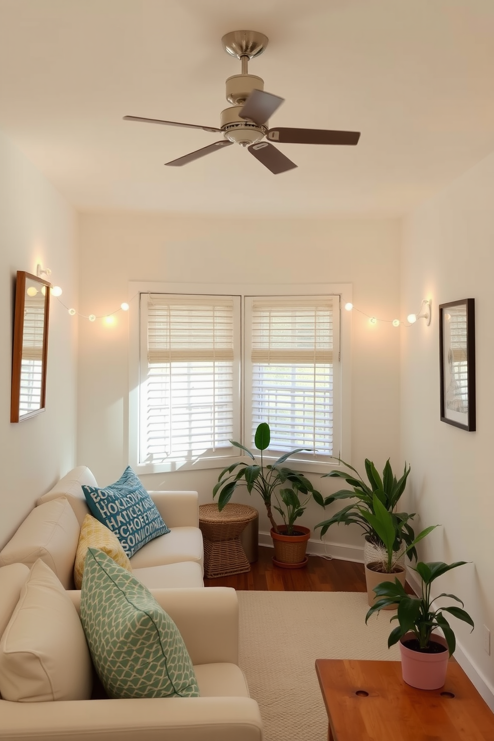 A bright and airy small living space adorned with wall-mounted lighting fixtures that create a warm glow. The decor features light-colored furniture, vibrant throw pillows, and potted plants to bring a refreshing summer vibe.