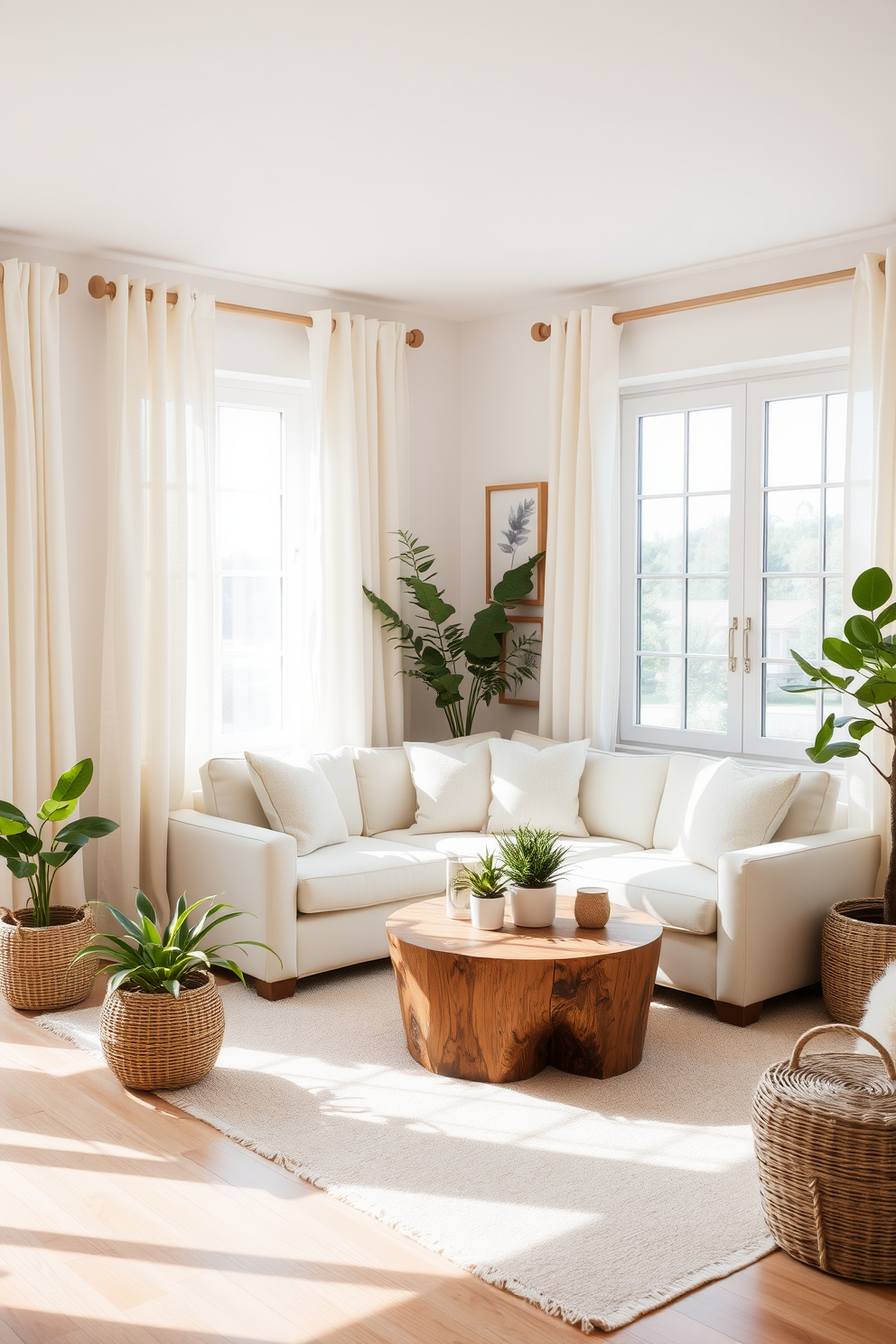 A bright and airy living room filled with natural light. Light linen curtains flutter gently in the breeze, complementing a soft pastel color palette. A cozy seating area features a small, plush sofa adorned with light, textured throw pillows. A round coffee table made of reclaimed wood sits in the center, surrounded by a few potted plants for a fresh touch. The walls are decorated with simple, framed art pieces that enhance the summery vibe. A lightweight area rug adds warmth and ties the space together without overwhelming it.