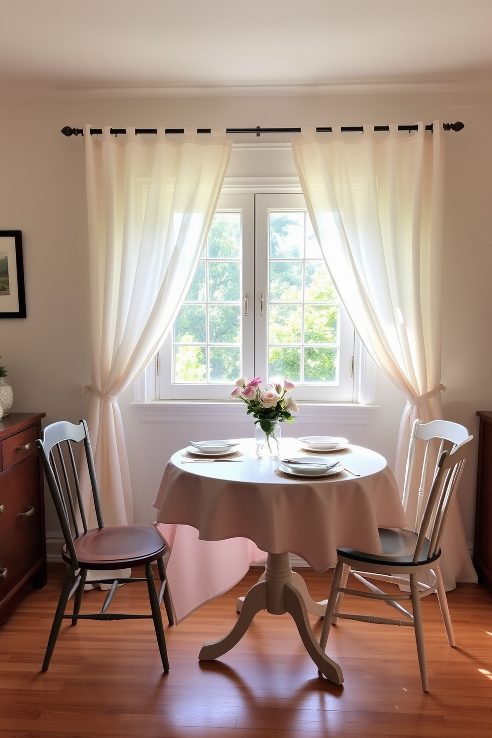 A cozy dining area featuring a small round table set for two. Surrounding the table are mismatched chairs that add a touch of charm, while a soft pastel tablecloth drapes elegantly over the tabletop. Bright, airy curtains frame the window, allowing natural light to flood the space. On the table, a simple vase holds fresh flowers, enhancing the inviting atmosphere perfect for summer gatherings.