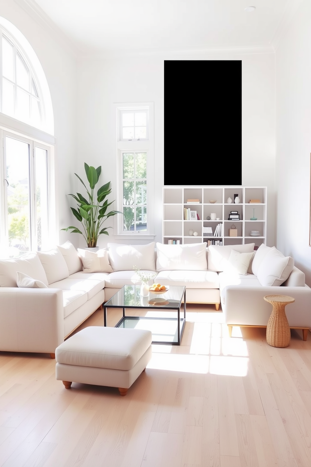 A bright and airy living room features a light-colored sectional sofa paired with a sleek glass coffee table. The walls are painted in a soft white hue, and large windows allow natural light to flood the space, enhancing the open feel. In the corner, a tall indoor plant adds a touch of greenery, while a minimalist bookshelf showcases a few carefully selected decor pieces. The flooring is a light hardwood, contributing to the summer vibe and making the room feel spacious and inviting.