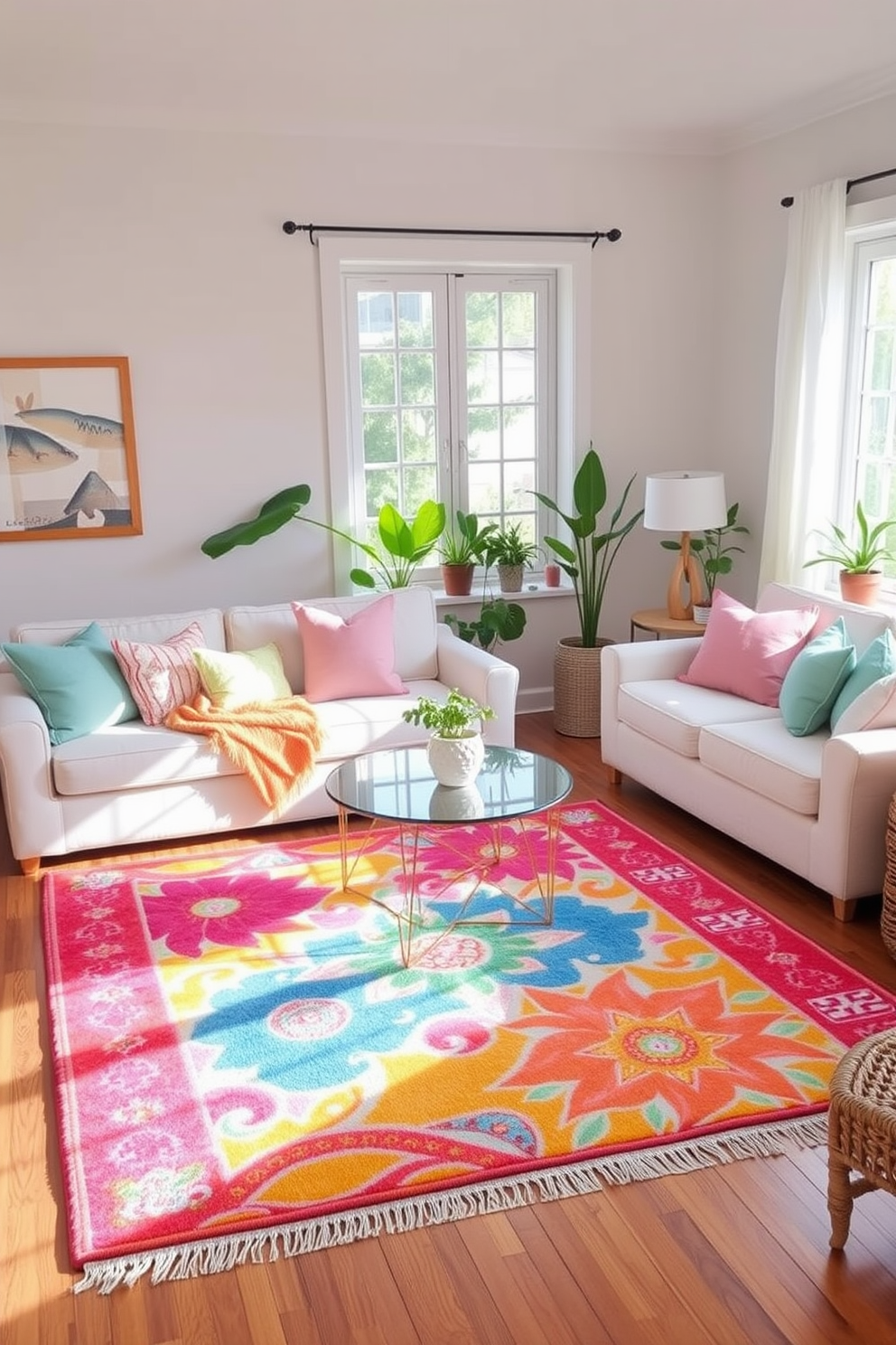 A bright area rug is placed in the center of the living room, adding warmth and comfort to the space. The rug features vibrant colors and patterns that complement the light furniture and airy atmosphere of the room. To enhance the summer vibe, decorative accents such as throw pillows in pastel shades are arranged on the sofa. Potted plants are strategically placed near the windows to bring in a touch of nature and freshness.