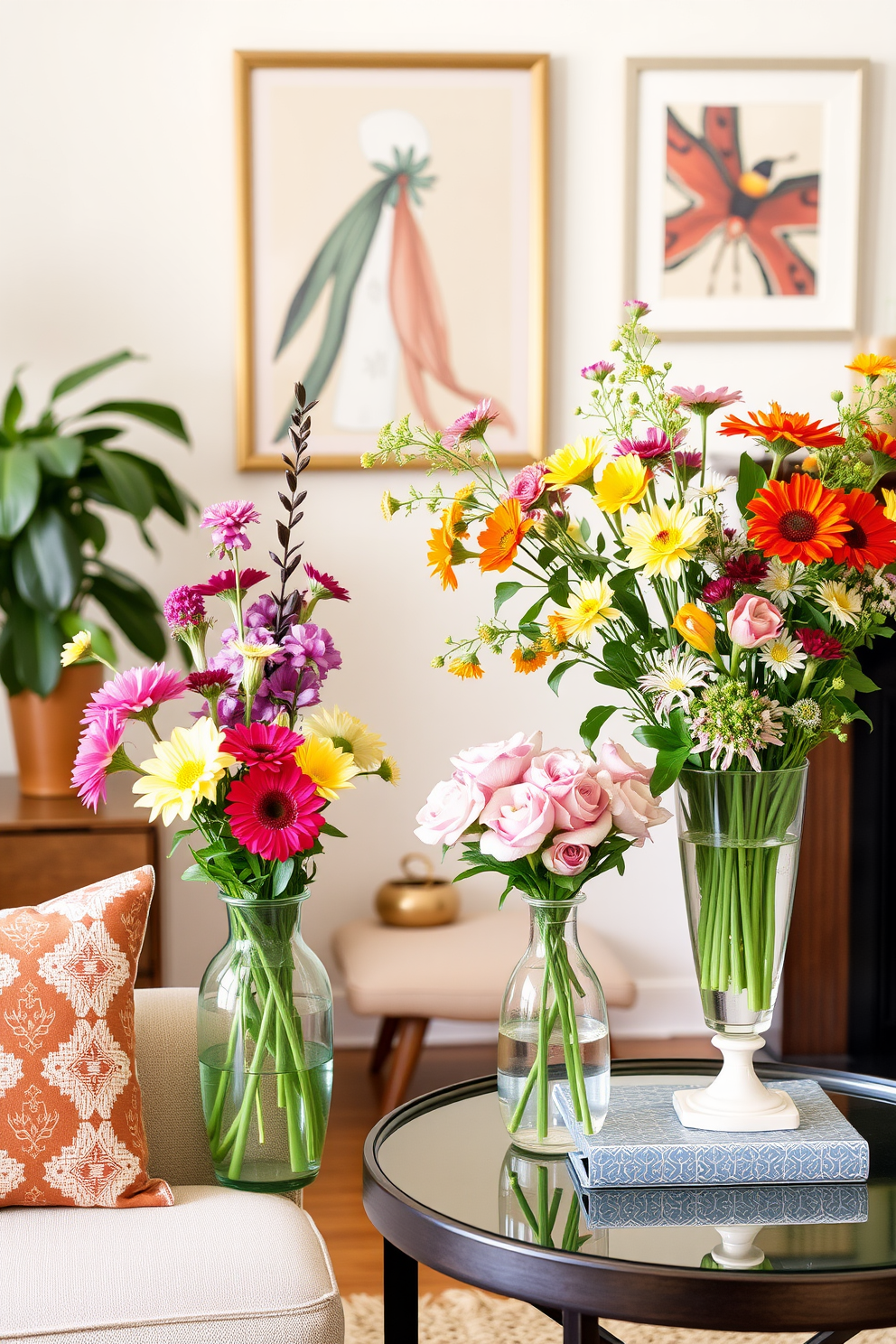 Decorate a cozy small living space with vibrant seasonal flowers arranged in elegant vases. Incorporate bright colors and fresh greenery to enhance the cheerful summer ambiance while optimizing the use of limited space.