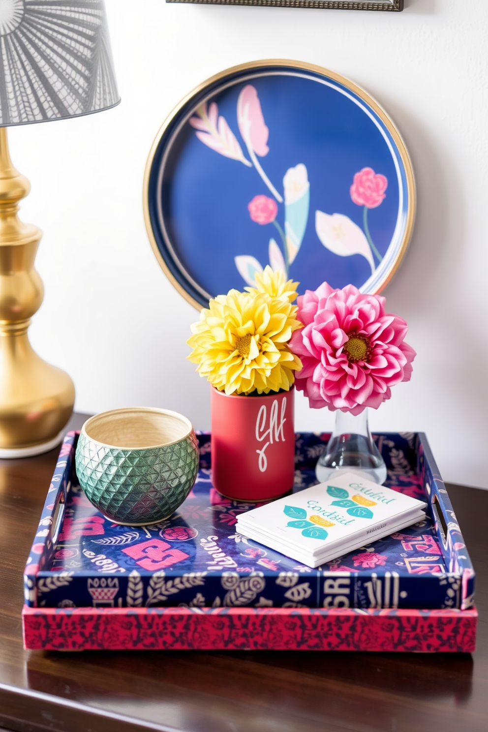 Use decorative trays to create an organized and stylish surface in your small space. Incorporate vibrant colors and textures to enhance the summer vibe while maximizing functionality.