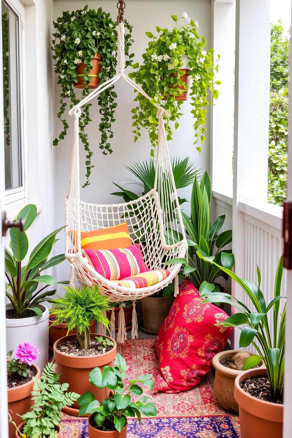 A cozy summer small space decorated with a hammock chair suspended from the ceiling. Surrounding the chair are potted plants and colorful cushions that create a vibrant and inviting atmosphere.