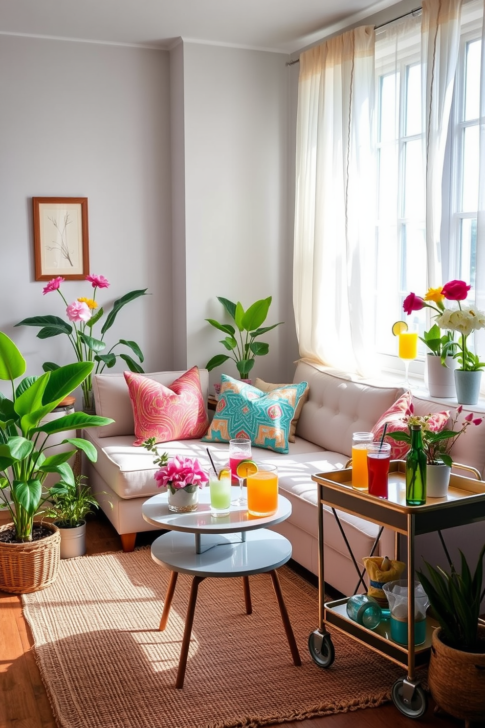 A cozy summer-themed living space designed for small areas. The room features a light-colored sofa adorned with vibrant throw pillows and a small round coffee table placed in front. In one corner, a stylish bar cart is set up with an assortment of colorful glassware and summer cocktails. Potted plants and fresh flowers add a touch of greenery, while sheer curtains allow natural light to fill the room.