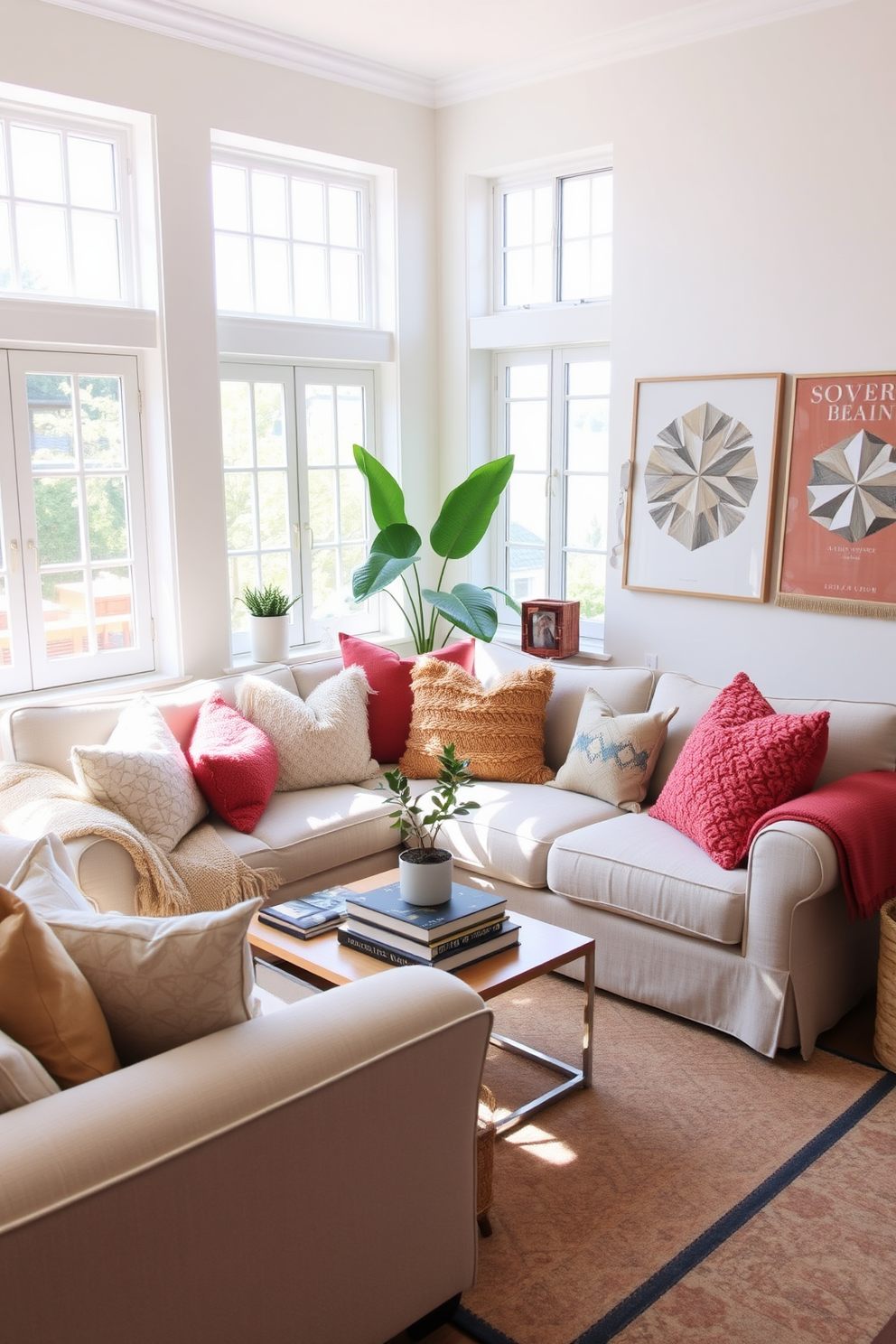 A cozy living room featuring a light fabric sofa adorned with various textured throws and cushions. The space is brightened by natural light streaming through large windows, showcasing a small coffee table with decorative books and a potted plant. A stylish corner nook includes a patterned area rug that adds warmth to the room. The walls are painted in a soft neutral tone, creating a perfect backdrop for vibrant accent pillows and layered textiles.