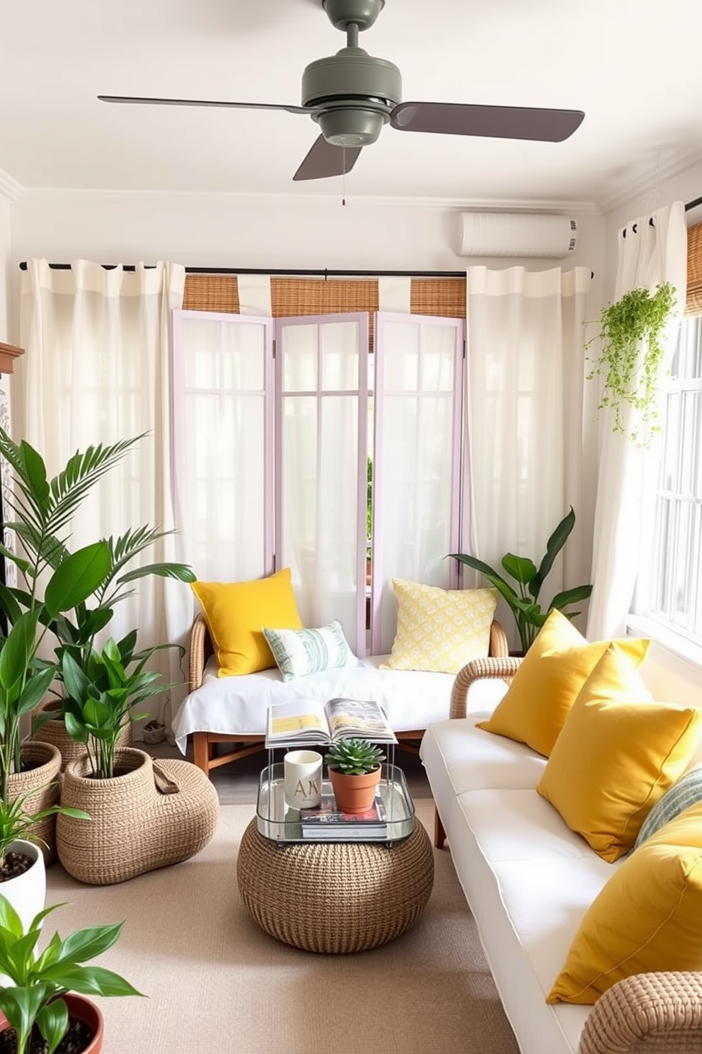 A cozy summer living space featuring a stylish folding screen that provides privacy while adding an artistic touch. The room is adorned with light, airy fabrics and vibrant cushions in shades of yellow and blue, creating a refreshing atmosphere. The folding screen is positioned to separate a small reading nook from the main area, enhancing the sense of intimacy. Potted plants and summer-themed decor items are scattered throughout, bringing a lively and inviting feel to the space.