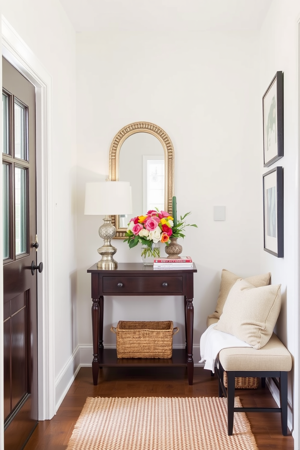 A small console table is positioned against the wall in the entryway, adorned with a vibrant floral arrangement and a stylish lamp. The table is accompanied by a decorative mirror above it, enhancing the sense of space and light in the area. To the side, a cozy bench with soft cushions provides a welcoming touch, while a small basket underneath offers storage for shoes or accessories. The walls are painted in a light, airy color, complemented by a textured rug that adds warmth to the small space.