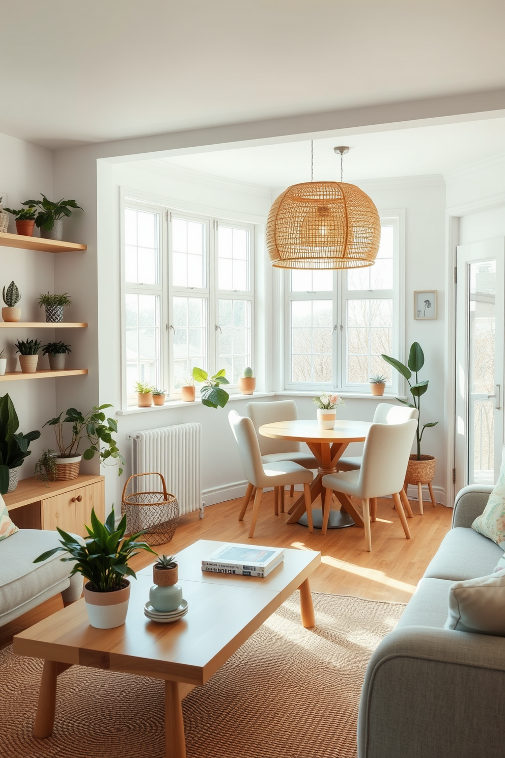 A cozy living area featuring natural wood accents with a light wooden coffee table and shelves that display potted plants. The walls are painted in a soft white, creating a bright and airy atmosphere, while a woven rug adds texture to the space. A compact dining nook with a round wooden table surrounded by upholstered chairs in pastel colors. Large windows let in ample sunlight, and hanging pendant lights made of natural materials provide a warm glow in the evening.