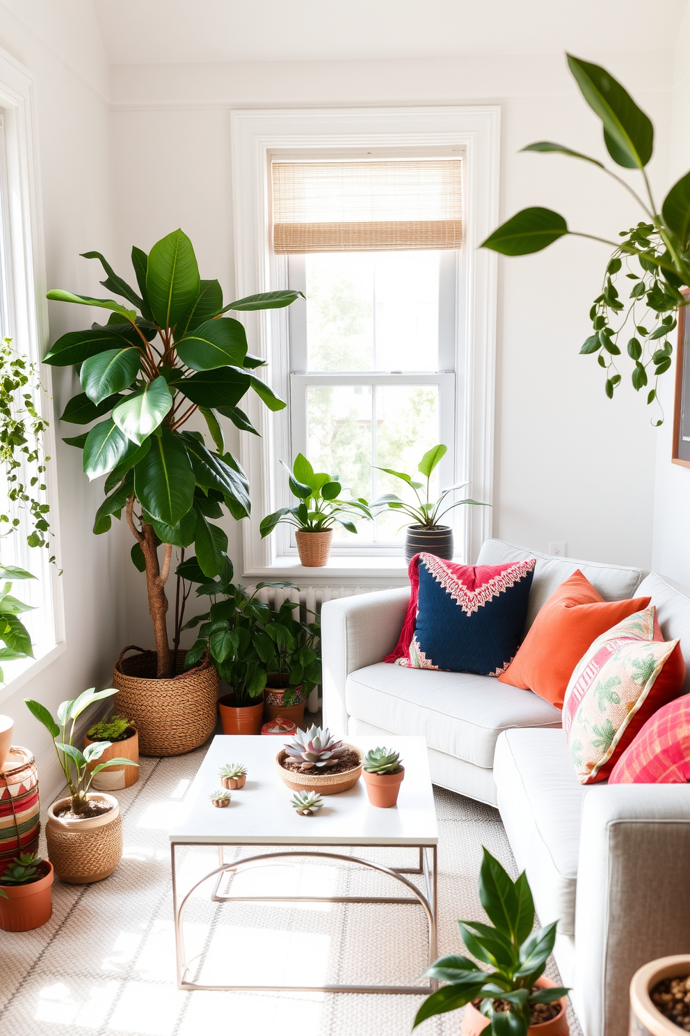 A cozy living room filled with natural light. There are potted plants in every corner, including a tall fiddle leaf fig and smaller succulents on the coffee table. The walls are painted in a soft white, creating a bright and airy atmosphere. A light gray sofa is adorned with colorful throw pillows that add a pop of summer color.