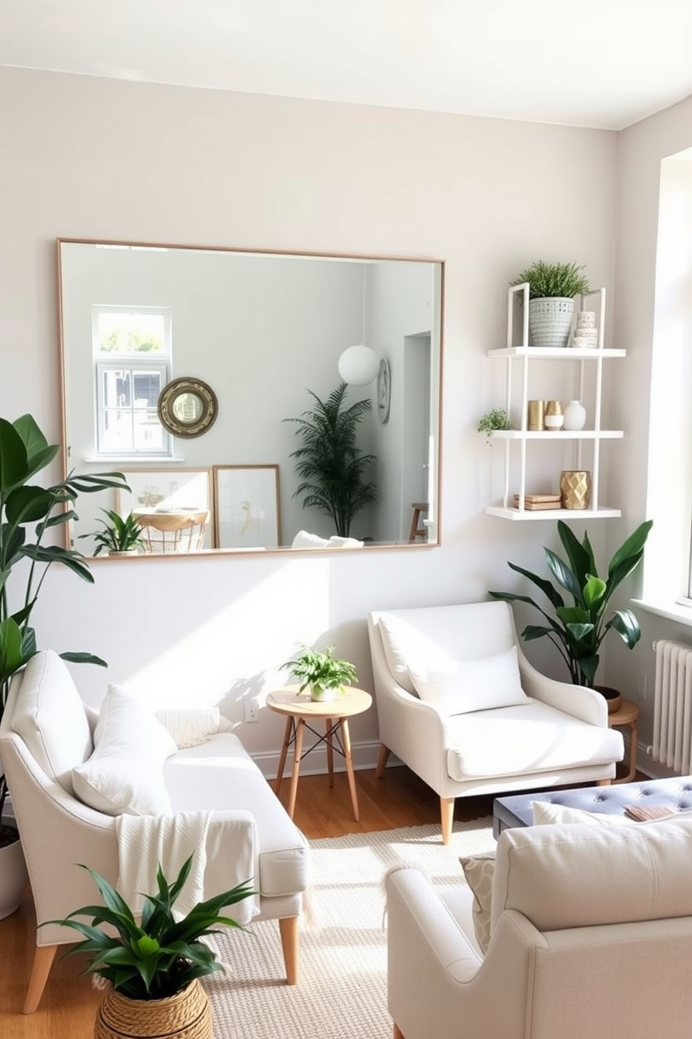 A bright and airy small living room features a large wall mirror that reflects natural light, making the space feel more expansive. The decor includes light-colored furniture and strategically placed plants to enhance the summer vibe while keeping the area uncluttered. Incorporate a combination of floating shelves and decorative mirrors to maximize vertical space in your small apartment. Use soft pastel colors and lightweight fabrics to create a refreshing atmosphere that embodies the essence of summer.