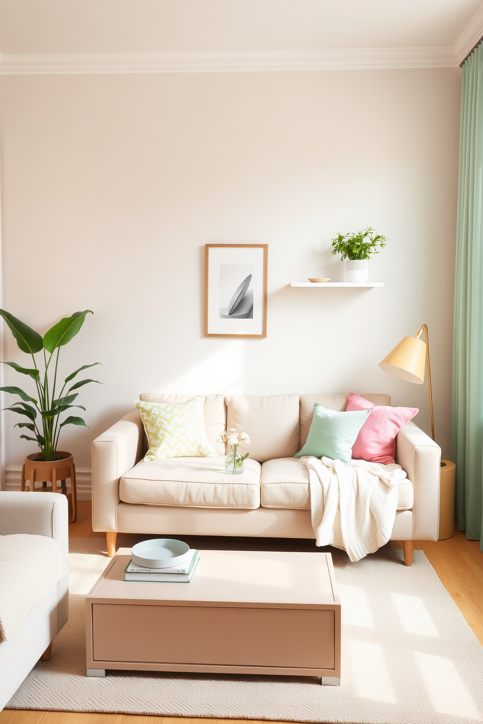 A bright and airy living room features pastel color palettes that evoke a sense of tranquility. Soft pinks, mint greens, and pale yellows adorn the walls, furniture, and decor, creating a refreshing atmosphere. In this small space, clever storage solutions are integrated seamlessly into the design. A stylish coffee table doubles as a storage unit, while floating shelves display decorative items and plants, maximizing both style and functionality.