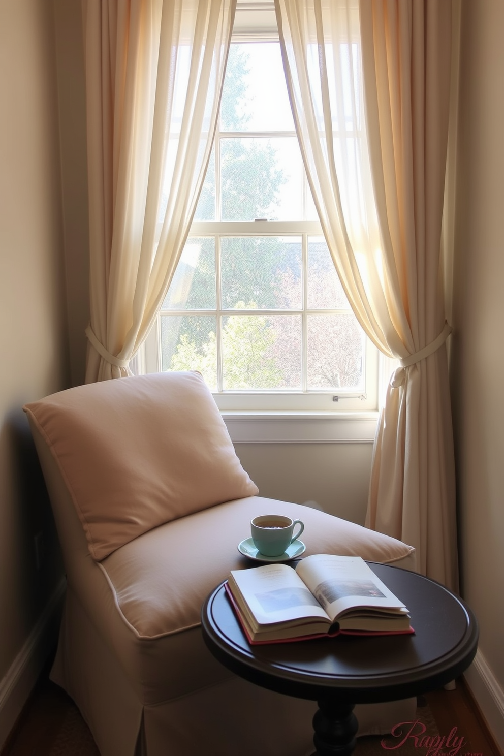 Create a cozy reading nook by a window with a comfortable oversized armchair upholstered in soft fabric. A small side table holds a steaming cup of tea and a stack of well-loved books, while sheer curtains gently filter the sunlight.