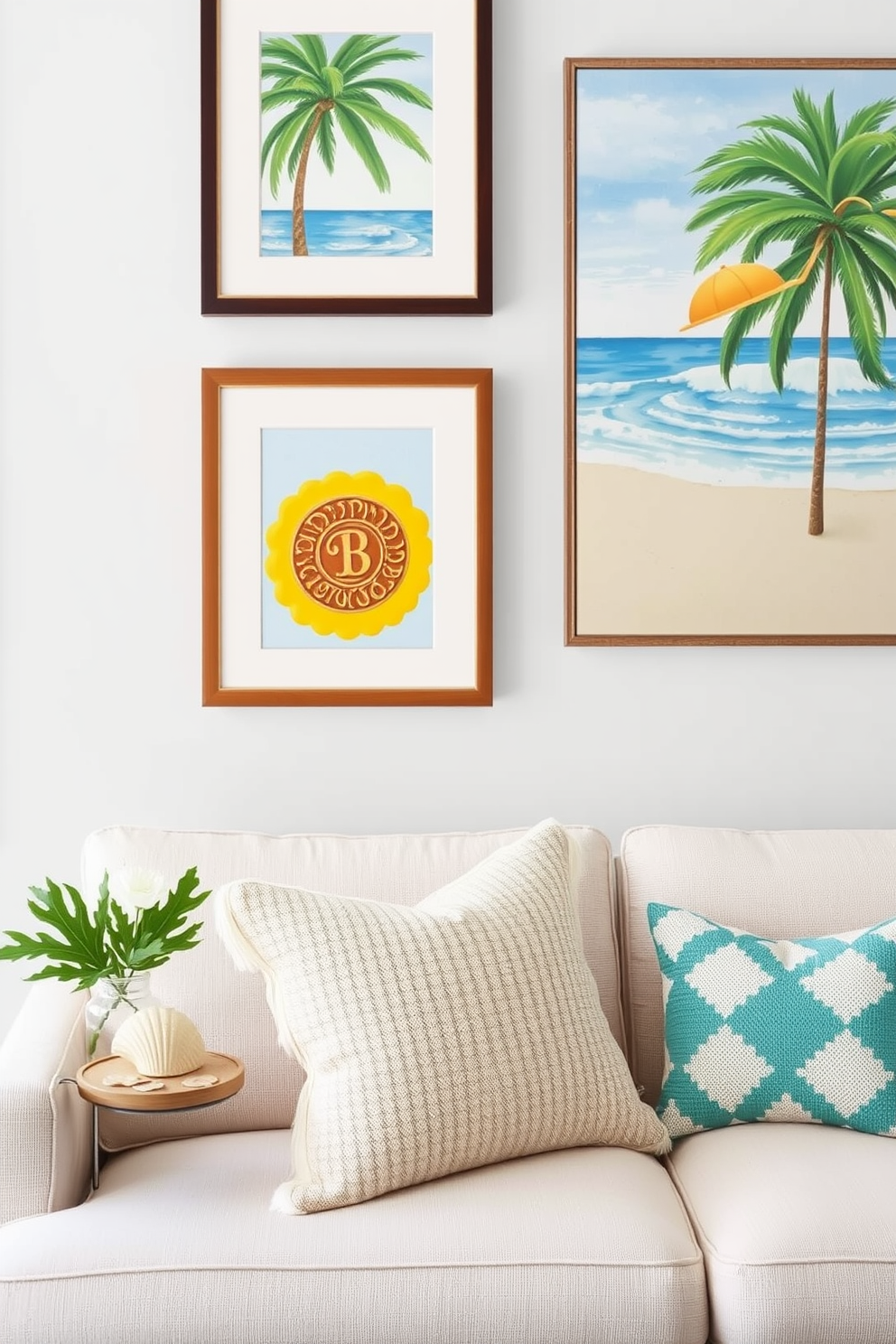 Hang artwork that reflects summer themes. Consider vibrant colors and beach-inspired motifs to bring a lively atmosphere to the space. Incorporate light and airy textiles to complement the artwork. Use decorative accents like seashells or driftwood to enhance the summer vibe in small spaces.