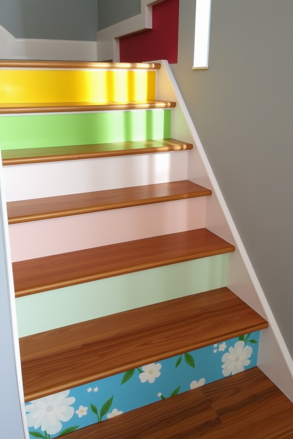 Brightly painted stair risers create a vibrant and playful atmosphere for your home. Each riser is adorned with a different bold color, enhancing the overall aesthetic of the staircase. Consider incorporating seasonal themes with playful patterns or floral designs. This adds a touch of creativity and joy to your summer decor while inviting guests to explore your home.