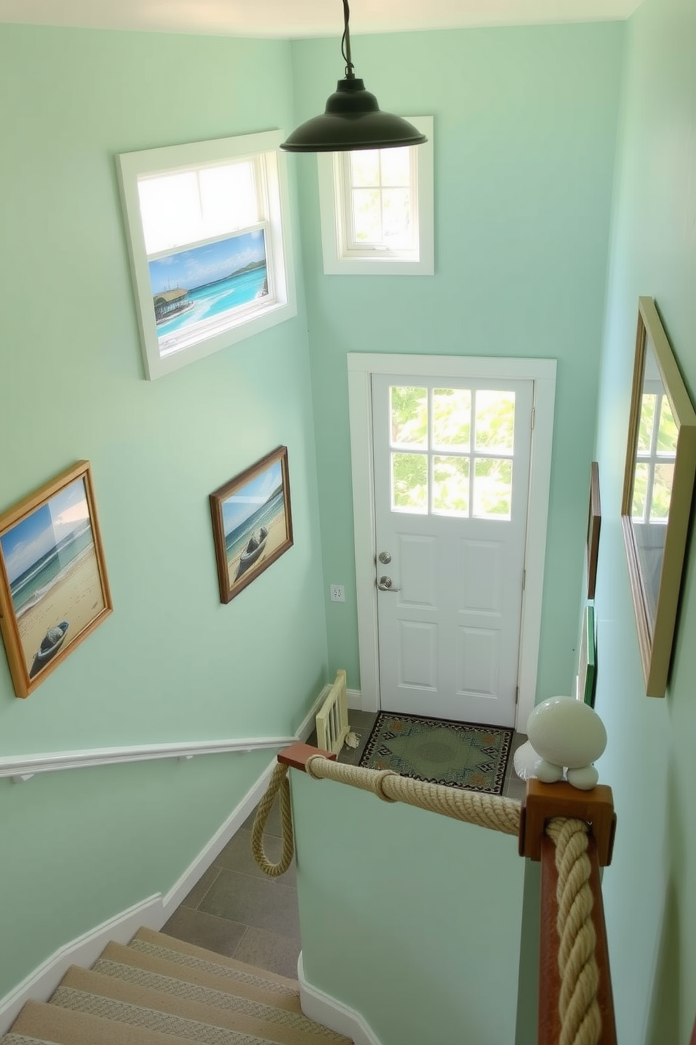 A bright and airy staircase adorned with beach-themed artwork. The walls are painted in a soft seafoam green, and wooden frames display vibrant coastal scenes. Natural light floods in through a large window, illuminating the space. Nautical accents like a rope handrail and seashell decorations complete the summer vibe.