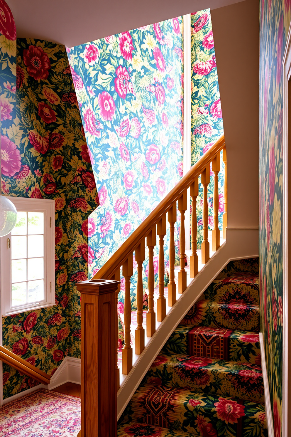 A vibrant stairway adorned with lively patterned wallpaper that showcases a mix of floral and geometric designs. The staircase features a wooden banister and is illuminated by natural light filtering through a large window.