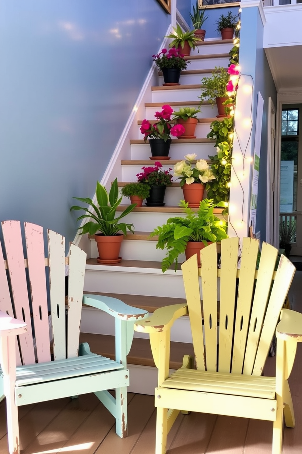 Vintage beach chairs as unique seating. These chairs are painted in pastel colors and feature a weathered finish, adding a charming coastal vibe to the space. Summer staircase decorating ideas. The staircase is adorned with vibrant potted plants and string lights, creating a lively and inviting atmosphere for the warmer months.