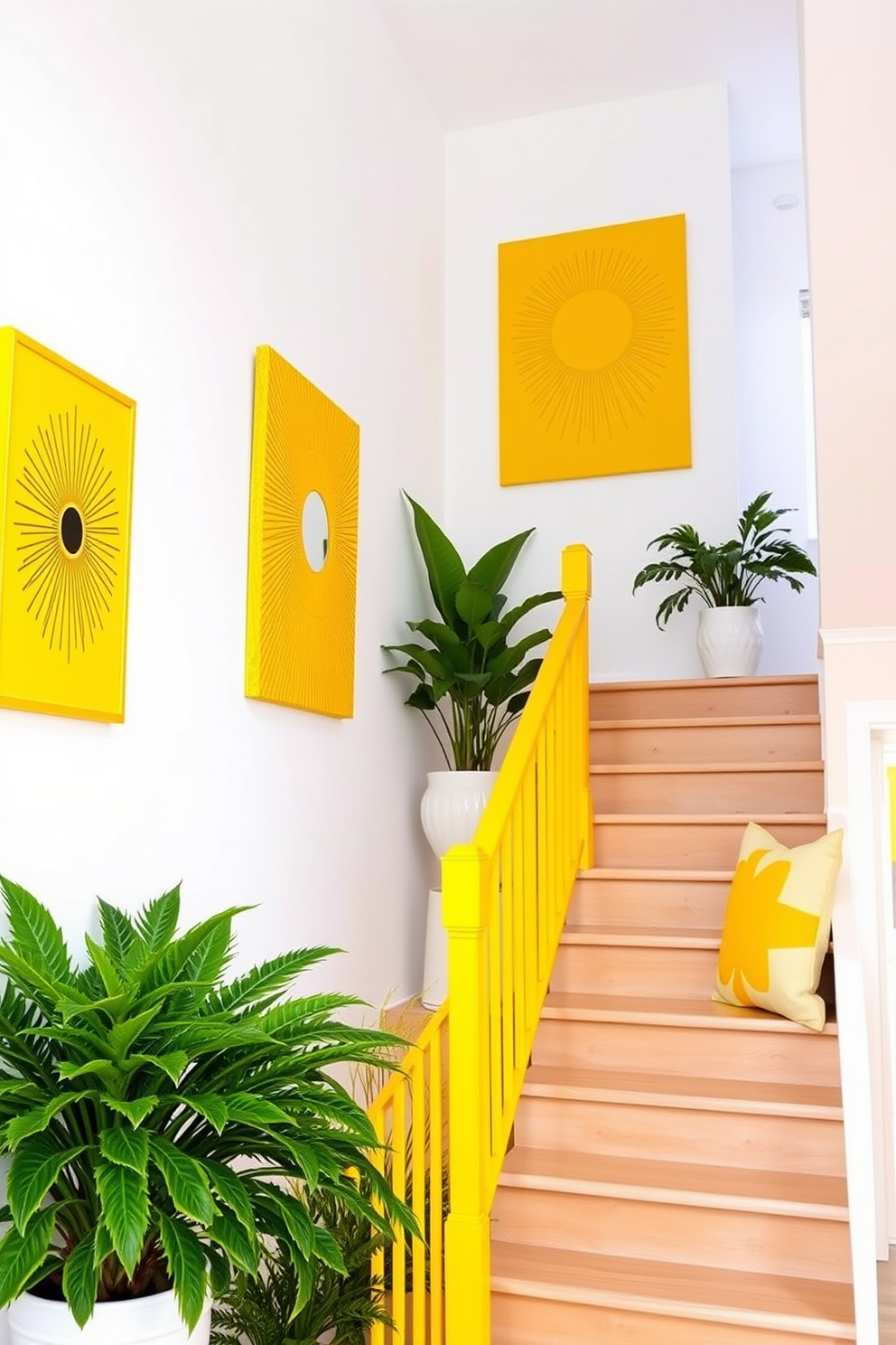 A bright and inviting staircase adorned with sunshine yellow accents that radiate cheerful energy. The walls are painted in a soft white, while the staircase features a light wooden finish, complemented by yellow handrails and decorative cushions on each step. Vibrant yellow artwork hangs on the walls, adding a playful touch to the space. Potted plants with lush green foliage are placed strategically along the staircase, enhancing the summer vibe and creating a refreshing atmosphere.