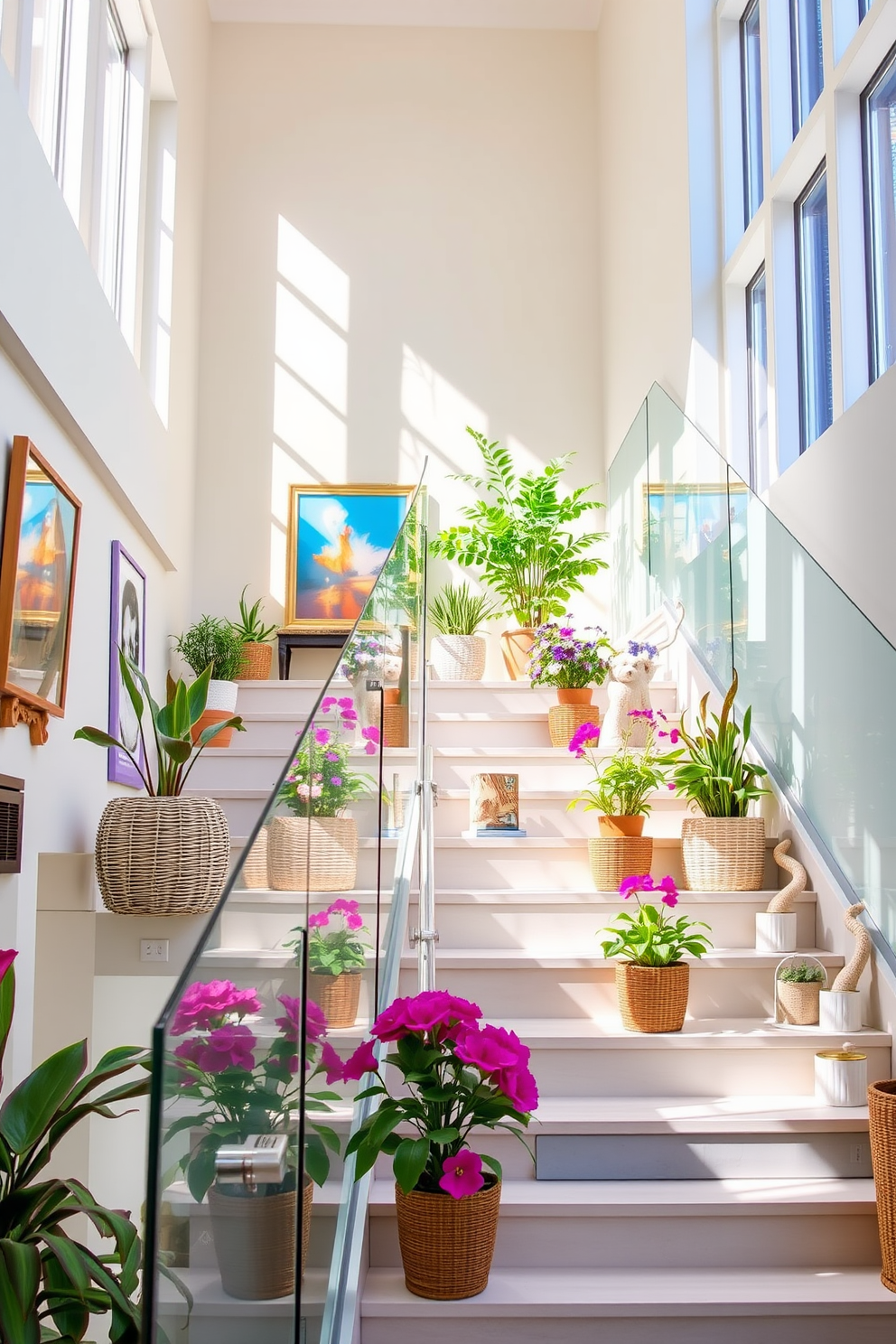 A bright and airy staircase features a translucent glass railing that enhances the sense of openness and light. The steps are adorned with vibrant potted plants and colorful artwork, creating a cheerful and inviting atmosphere for summer. The staircase is illuminated by natural light streaming through large windows, highlighting the sleek design of the glass railing. Decorative elements like woven baskets and summer-themed decor line the staircase, adding warmth and personality to the space.