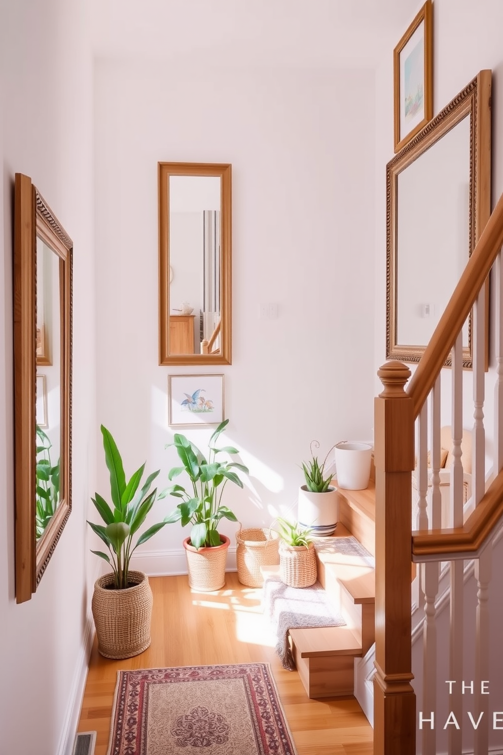 A bright and airy staircase adorned with framed mirrors that reflect natural light beautifully. The walls are painted in a soft white hue, and the wooden staircase features a light oak finish, complemented by a stylish runner rug. On the staircase, potted plants are strategically placed to add a touch of greenery and vibrancy. Decorative elements like summer-themed artwork and woven baskets create a warm and inviting atmosphere.