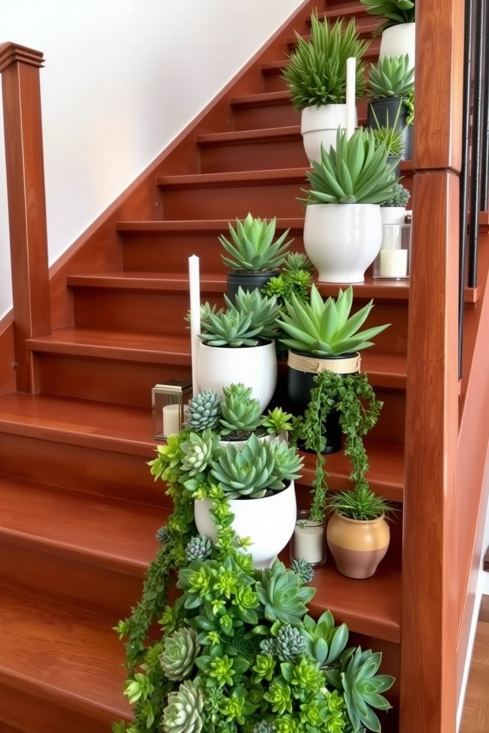 Create a vibrant arrangement of succulents in various shapes and sizes, displayed in stylish ceramic pots. Position these pots on a sleek wooden staircase, allowing the greenery to cascade down for a lively and refreshing look. Incorporate decorative elements such as small lanterns or candles alongside the succulent arrangements for added ambiance. Use a color palette that complements the staircase, enhancing the overall aesthetic while keeping maintenance minimal.