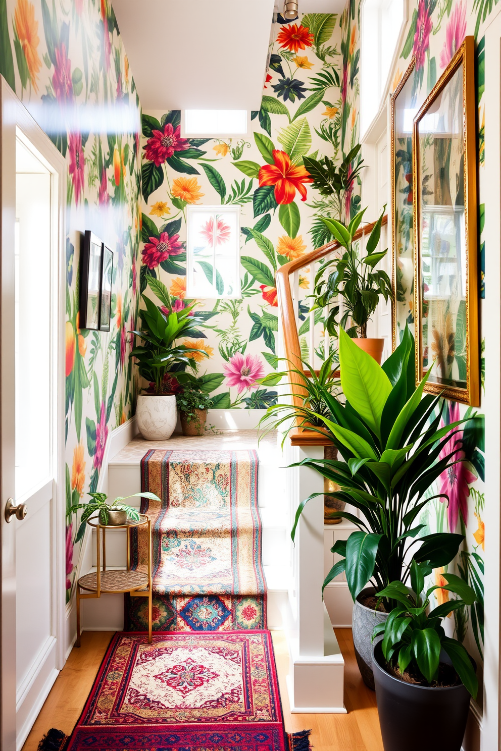 A vibrant stairway adorned with tropical prints creates a lively atmosphere. The walls are decorated with large, colorful botanical wallpaper that complements the natural light streaming in from the nearby windows. The staircase features a mix of patterned rugs that enhance the tropical theme. Potted plants in various sizes are strategically placed along the stairs, adding greenery and a refreshing touch to the decor.